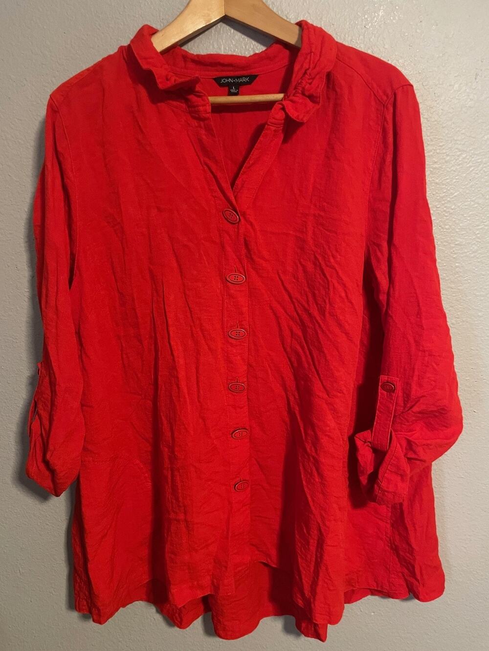 John Mark Womens Tunic Large Red Button Front Roll Tab Wire Collar Lagenlook